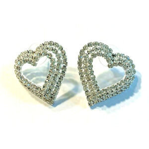 Heart Shaped Pierced Earrings Brilliant Clear White Rhinestones on Silvertone